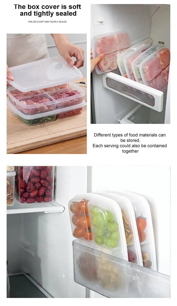 1pc Transparent Four Grid Refrigerator Large Capacity Storage Box Frozen Meat Compartment Food Sub-packed Kitchen Tools