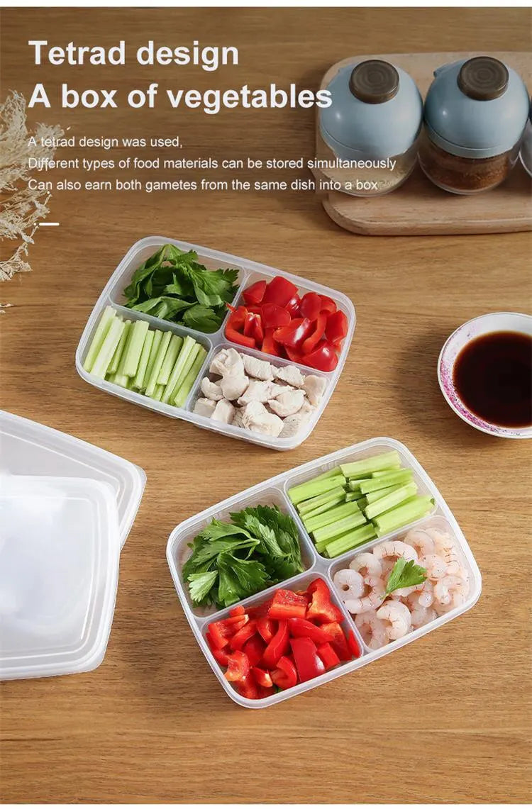 1pc Transparent Four Grid Refrigerator Large Capacity Storage Box Frozen Meat Compartment Food Sub-packed Kitchen Tools