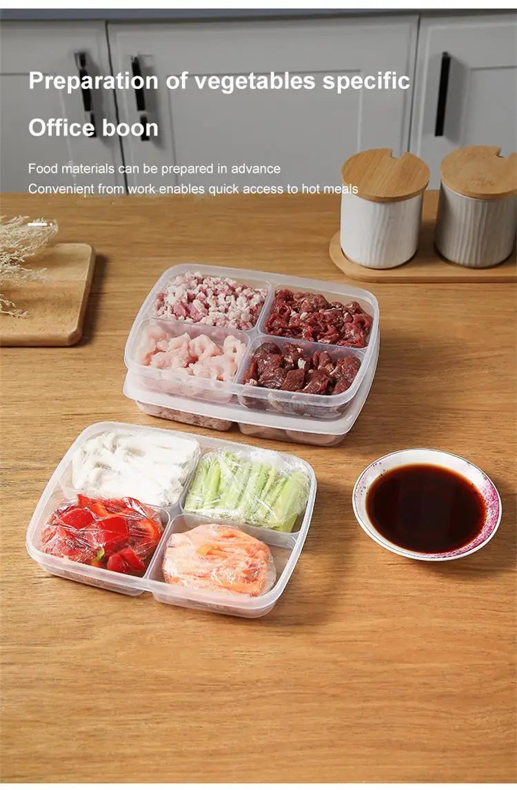 1pc Transparent Four Grid Refrigerator Large Capacity Storage Box Frozen Meat Compartment Food Sub-packed Kitchen Tools