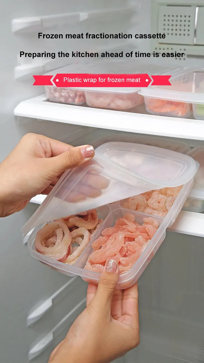 1pc Transparent Four Grid Refrigerator Large Capacity Storage Box Frozen Meat Compartment Food Sub-packed Kitchen Tools