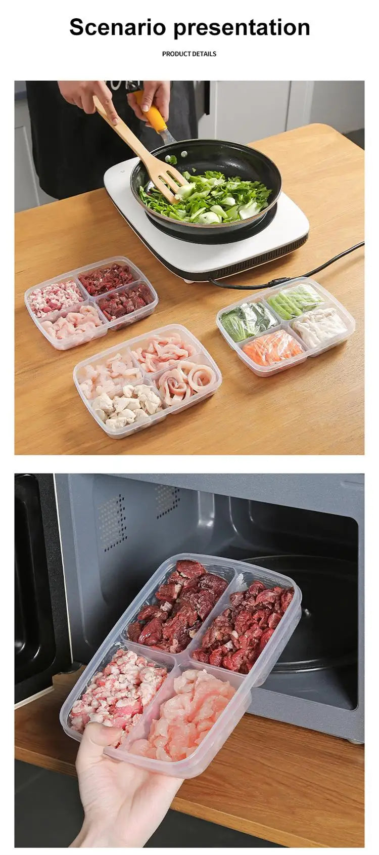 1pc Transparent Four Grid Refrigerator Large Capacity Storage Box Frozen Meat Compartment Food Sub-packed Kitchen Tools