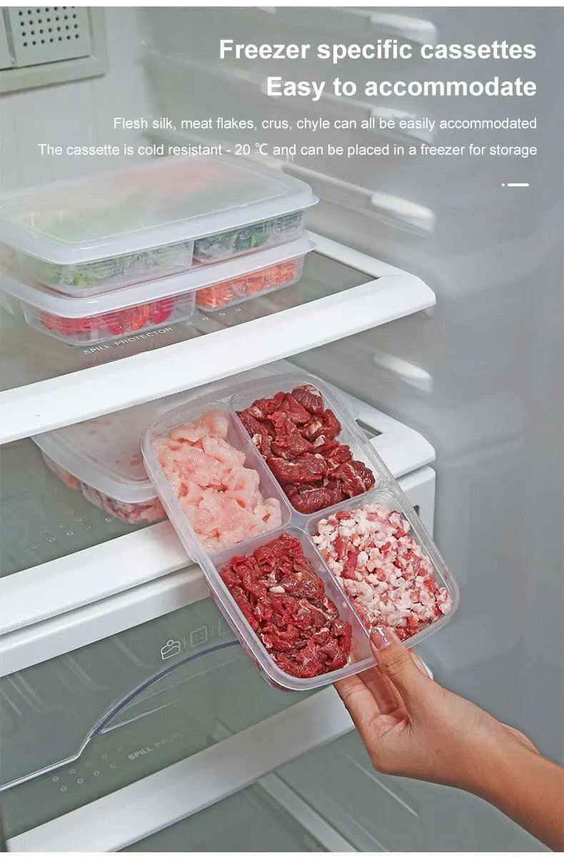 1pc Transparent Four Grid Refrigerator Large Capacity Storage Box Frozen Meat Compartment Food Sub-packed Kitchen Tools